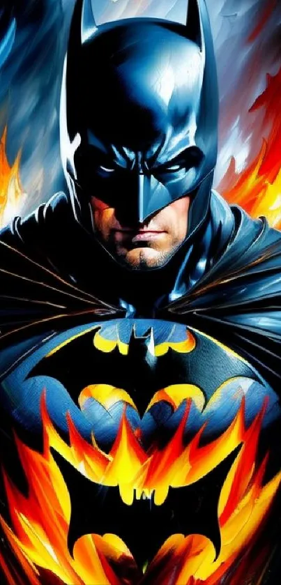 Epic Batman wallpaper with fiery background and dark blue tones.