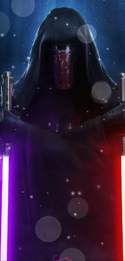 Dark Jedi holding red and purple lightsabers in a space-themed wallpaper.