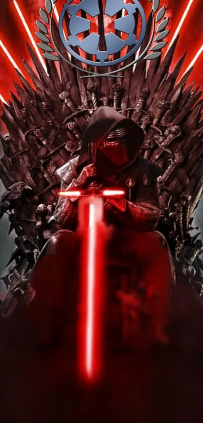 Dark knight on a throne with red glowing sword, dynamic mobile wallpaper.