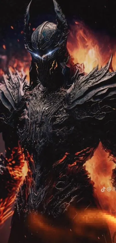 Epic dark knight with flaming armor.