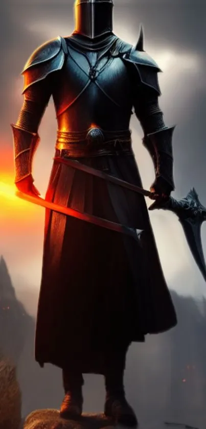 Epic dark knight with glowing sword in fiery landscape.