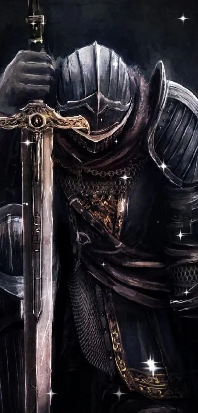 Dark knight in detailed armor holding a sword, set in a medieval fantasy style.