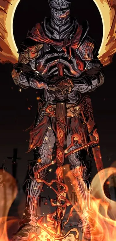 Epic dark knight in fiery armor, dramatic fantasy wallpaper.