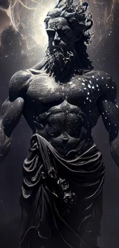 Dark mythology statue with cosmic backdrop.