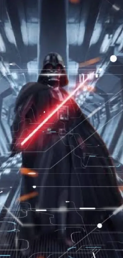 Dark figure with red lightsaber in epic sci-fi wallpaper.