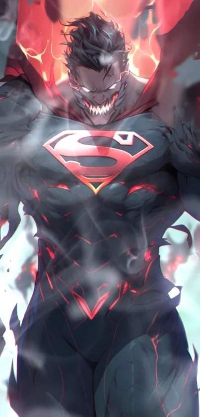 Dark superhero with red accents on a black-themed mobile wallpaper.