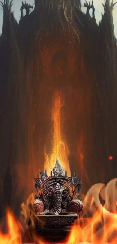 Dark throne in front of fiery castle on fantasy wallpaper.