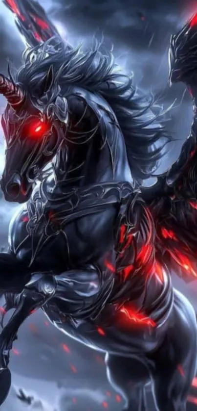 Dark unicorn with glowing red eyes and wings.
