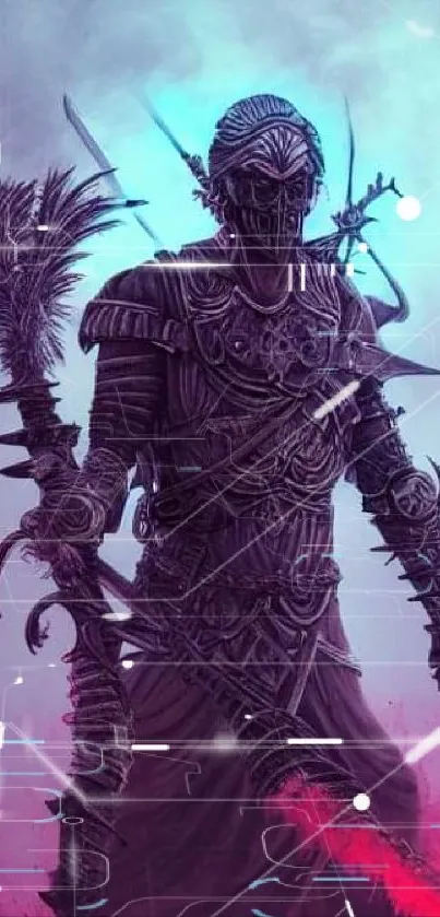 Epic dark warrior with mystical aura in vivid blue and pink tones.