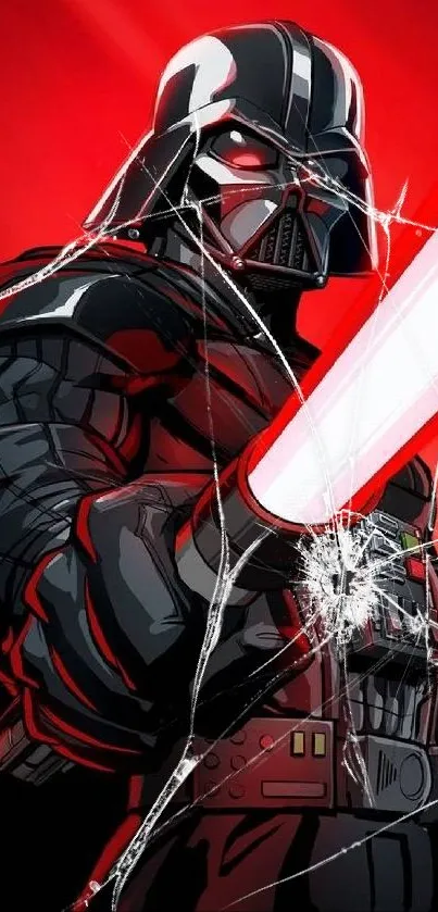 Dark figure with red background and glowing laser sword.