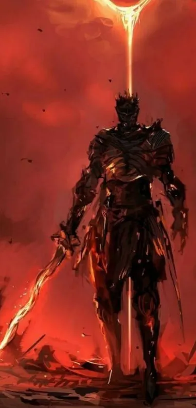 Epic warrior in front of fiery red eclipse background.