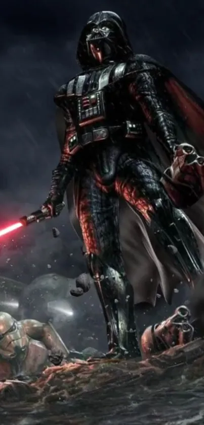 Epic dark warrior with red sword on battlefield in dramatic sci-fi wallpaper.