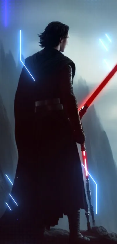 Dark warrior on cliffs with red lightsaber, moody sky.