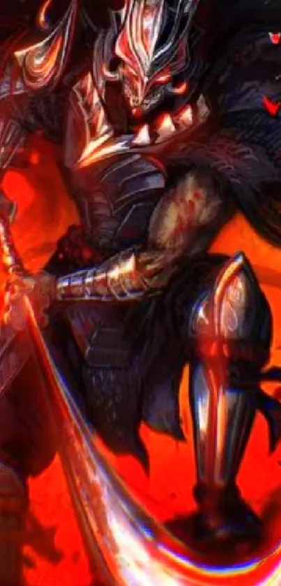 Epic dark warrior in armor with fiery background.