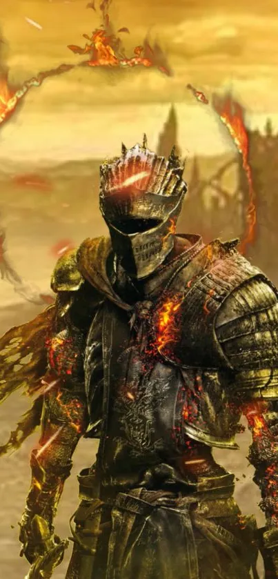 Epic medieval warrior in burning armor with fiery background.