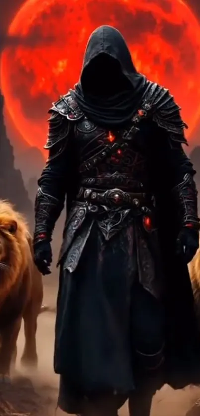 Dark warrior with lions and red moon background.