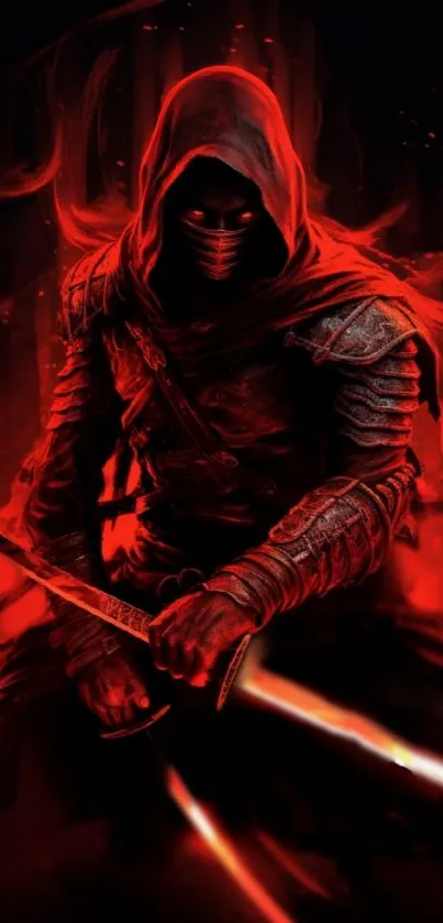 Intense red and black warrior with glowing swords in a dark setting.