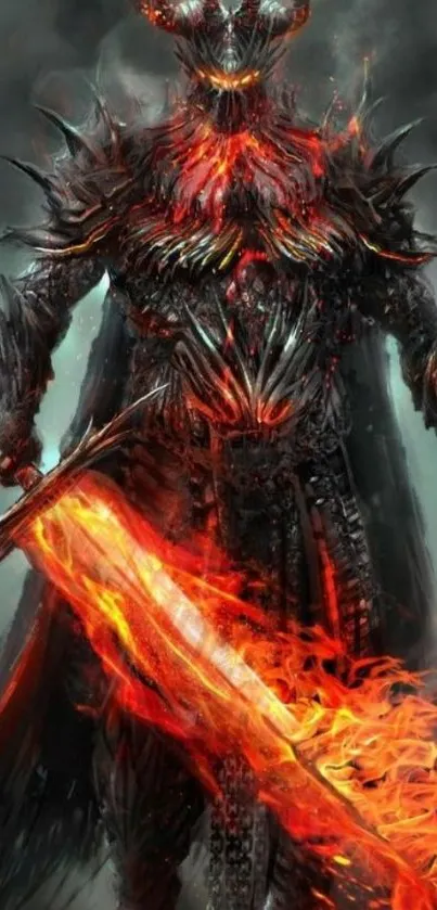 Epic fantasy warrior with flaming sword in dark armor.