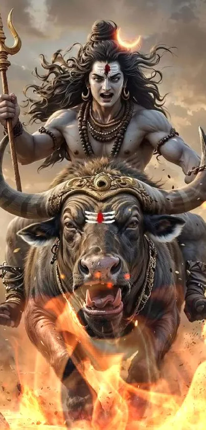 Epic deity riding a beast through flames in mythology artwork.