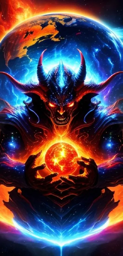 Epic fantasy demon with fiery elements and cosmic background.