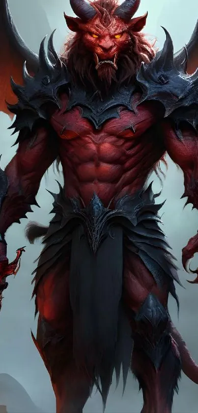 Epic demon character with fiery eyes and dark armor, standing in a fantasy setting.