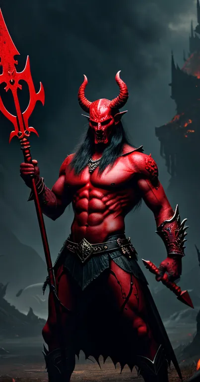 Red-skinned demon warrior in a fiery fantasy setting.