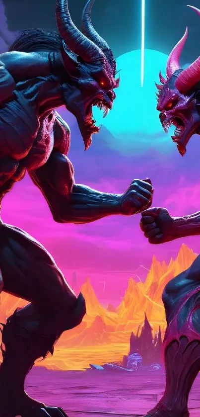 Epic demon showdown under neon skies in vivid colors.