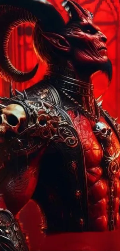 Intricate fantasy artwork featuring a demon warrior in crimson armor.