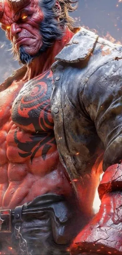 Powerful demon warrior with tattoos and fiery backdrop.