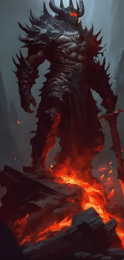 Red-tinged demon warrior in fiery scene wallpaper.