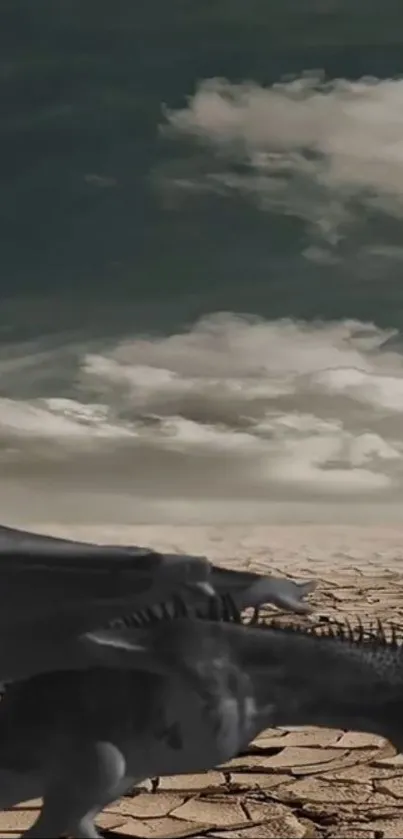 Majestic dragon crossing an arid desert with dramatic cloud-filled sky.