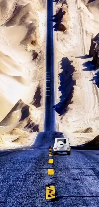 Car driving through scenic desert landscape on a long open road.