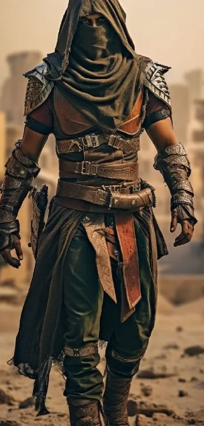 A mysterious warrior walks through a desolate desert landscape.