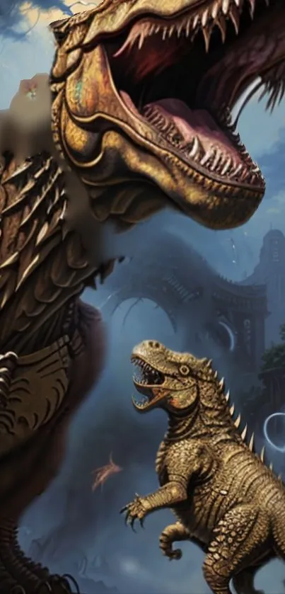 Epic dinosaur adventure wallpaper with majestic prehistoric creatures.