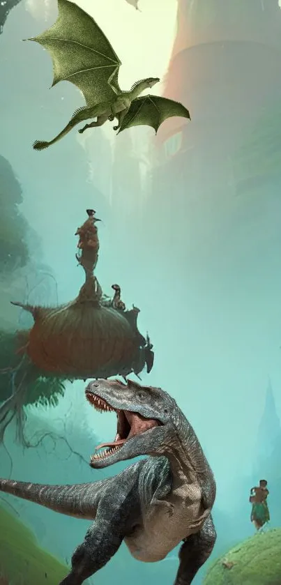 Epic scene with dinosaur and flying dragon against a turquoise backdrop.