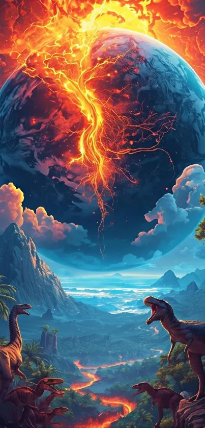 Epic dinosaur landscape with a fiery planet in the sky.