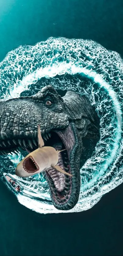 Dinosaur attacking boat with swirling ocean waves.