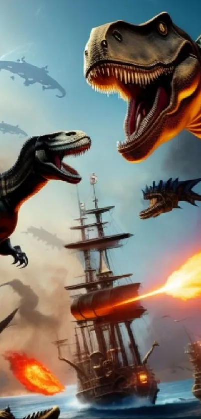 Dinosaur and ship battle in a fantasy seascape with vibrant colors.