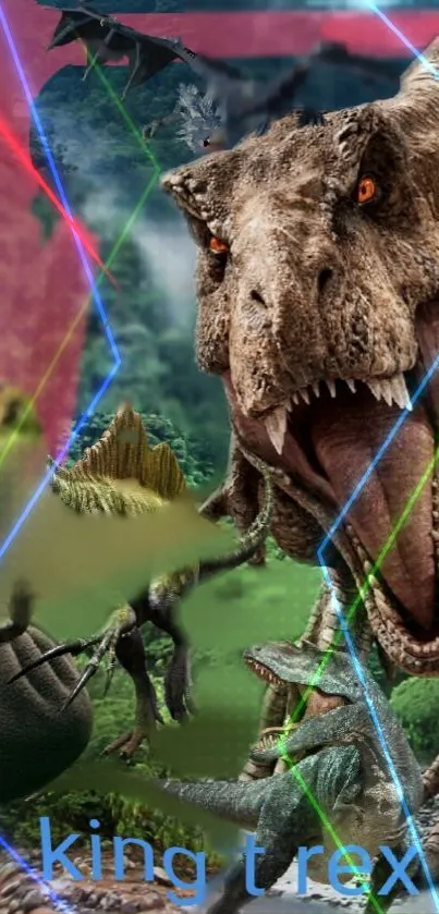 T-Rex roaring in vibrant dinosaur battle wallpaper.