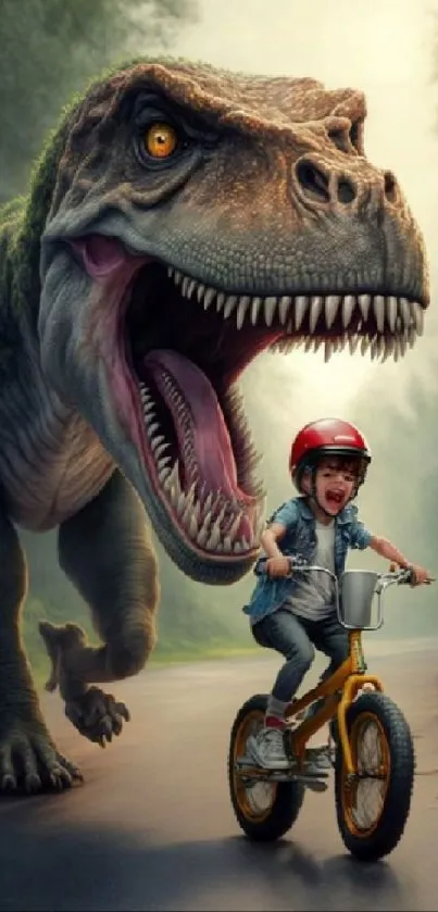 Kid on bike chased by dinosaur in lush forest.