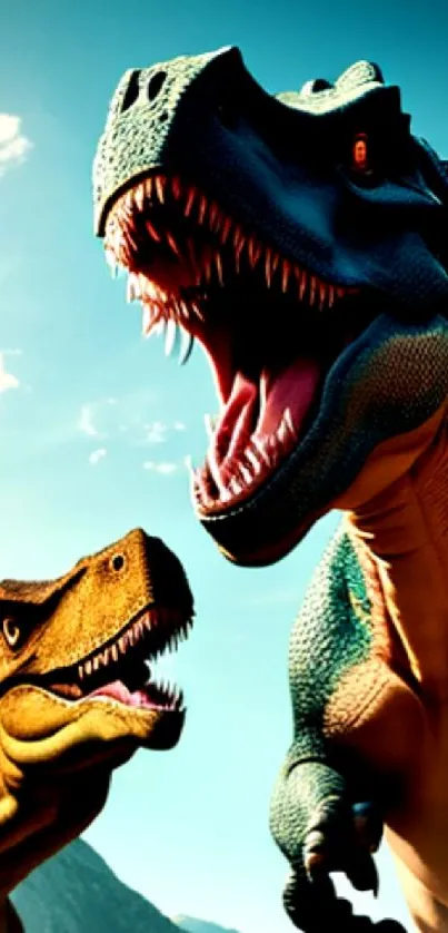 Fierce dinosaurs clash under vibrant sky in a scenic mobile wallpaper.