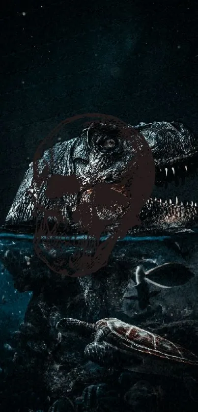 Dinosaur underwater in dramatic scene, dark mobile wallpaper.