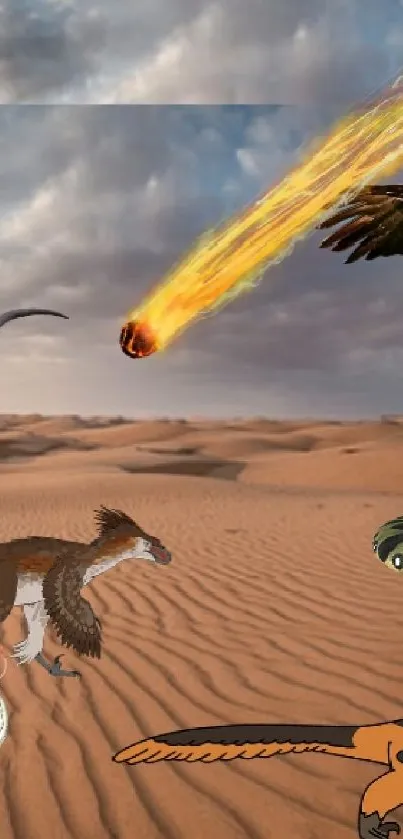 Dinosaurs and meteor in desert landscape wallpaper.