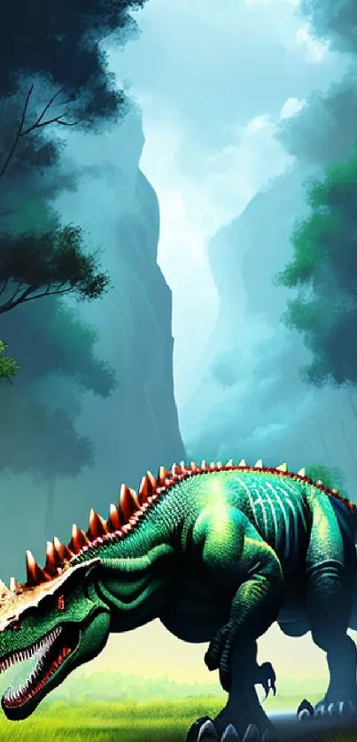 Epic dinosaur in a lush green forest landscape.