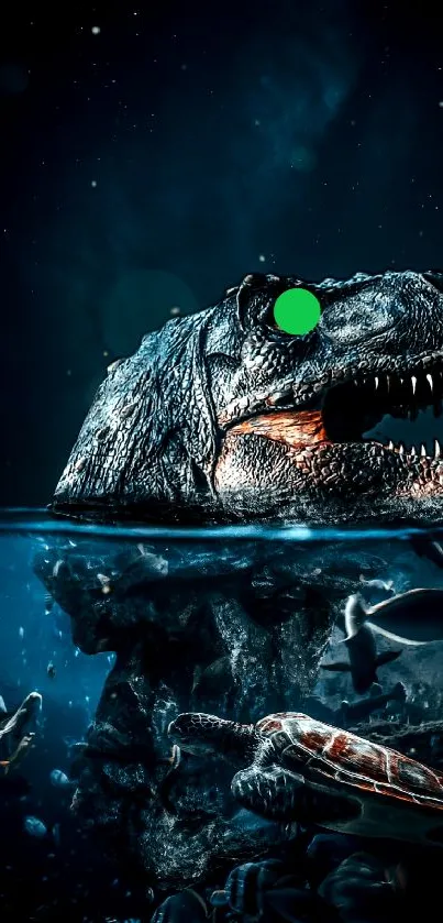 Dinosaur partially submerged in a dark ocean with aquatic life around.