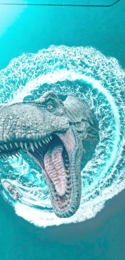 Dinosaur bursting from teal ocean waves in dynamic mobile wallpaper.