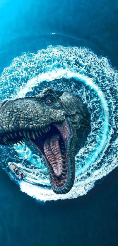 Realistic dinosaur emerging from ocean with swirling water effect on mobile wallpaper.