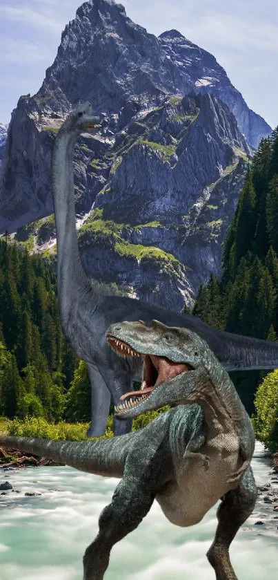 Dinosaurs roam a lush mountain landscape in this mobile wallpaper.