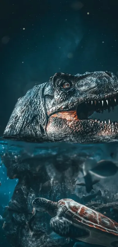 Dinosaur head emerges from ocean with marine life below.