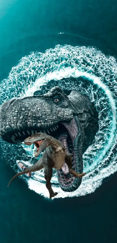 Dinosaur emerging from ocean, surrounded by waves in dramatic phone wallpaper.